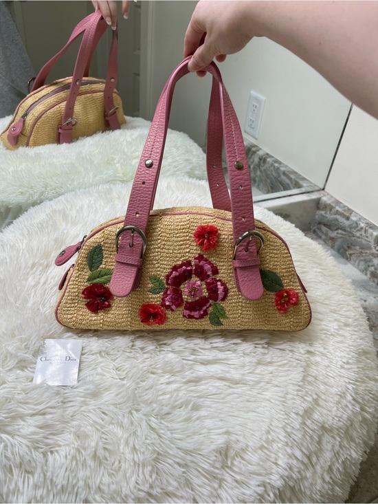 Dior Handbags - Limited Edition 2005 Dior Floral Wicker and Pink Raffia Flower Vintage Hand Bag